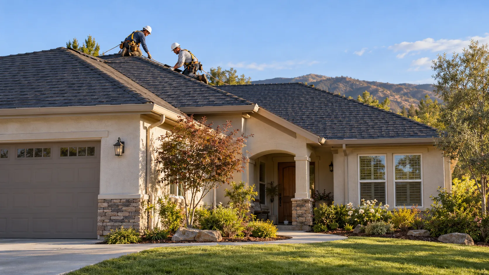 A tidy stucco ranch home in Loomis with a newly installed roof under a clear sky