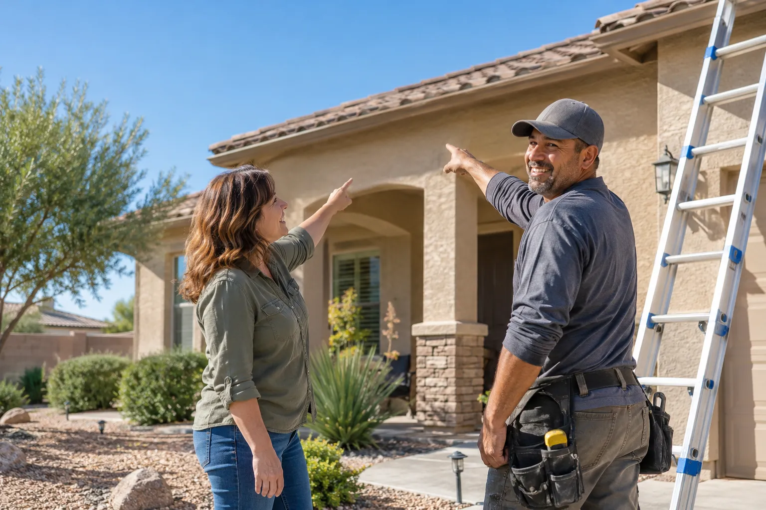Homeowner and roofing provider looking up at a stucco ranch home roof in Loomis