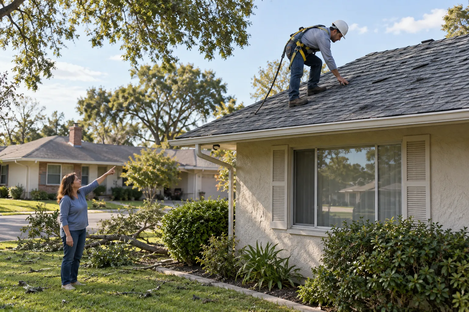 Local roofing provider inspecting hail damage on a stucco ranch home roof in Loomis
